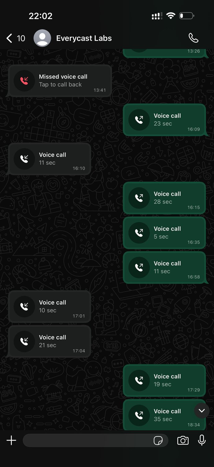 WhatApp UI showing calls to and from Everycast Labs