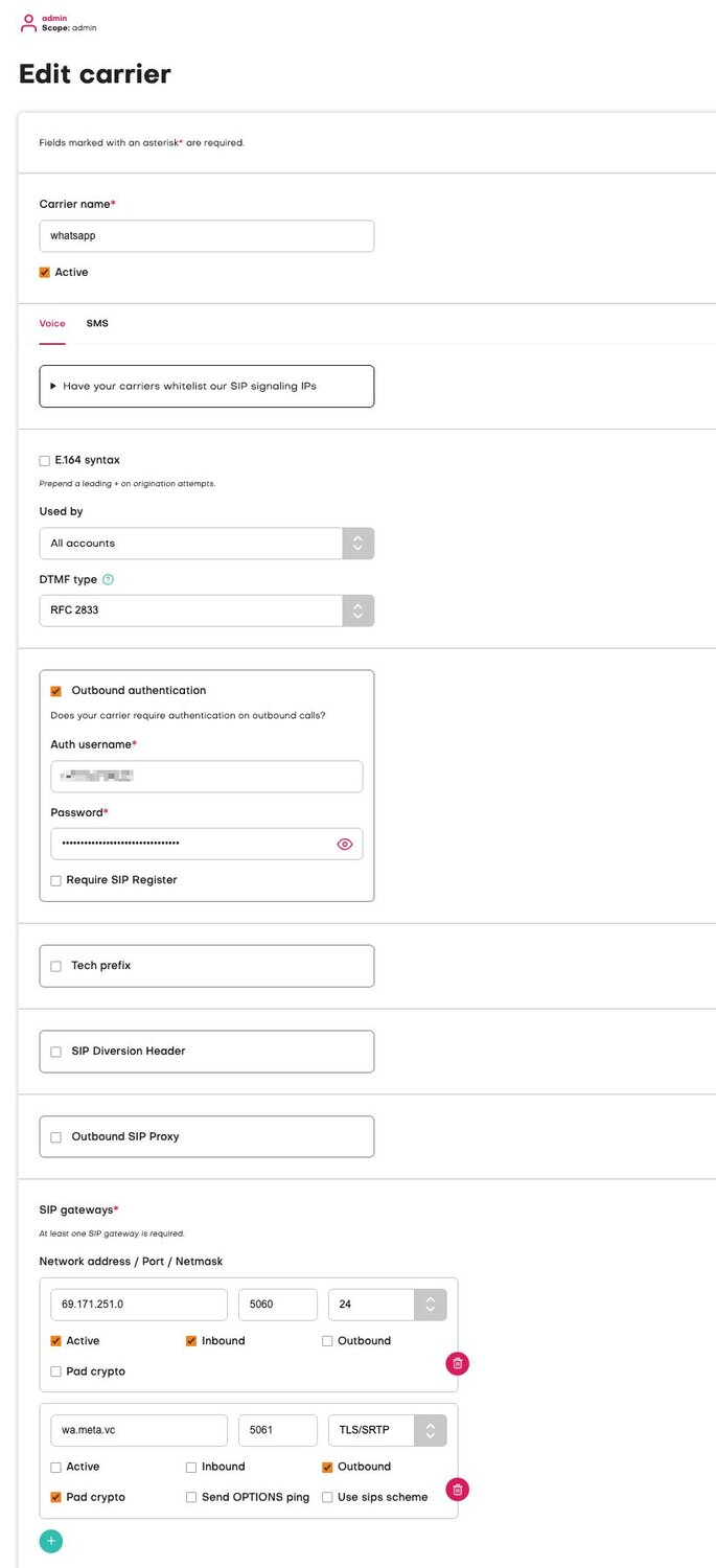 Screenshot of the Jambonz Carrier settings