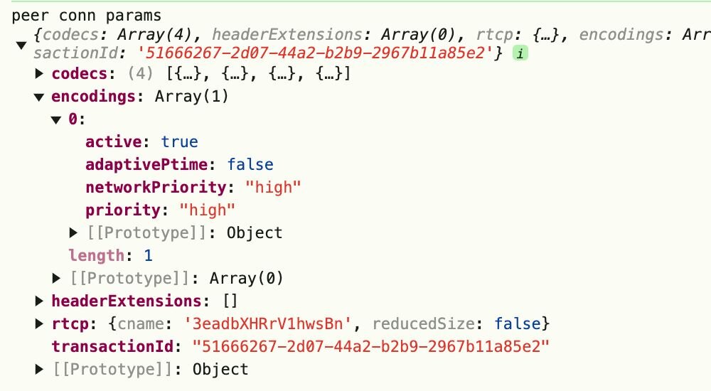 Screenshot of the Google Chrome console log showing the sender’s parameters of priority and network priority are set to “high”.