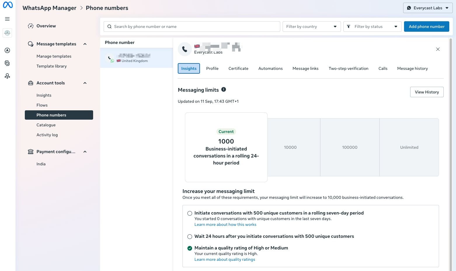 Screenshot of the Whatsapp Business Manager